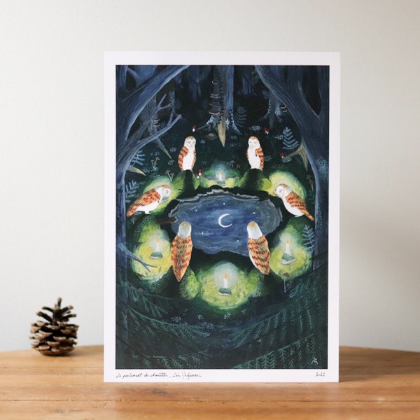 The Parliament of Owls - Signed A4 print / Poster - Illustration of owls under the moon and candles, forest in the night