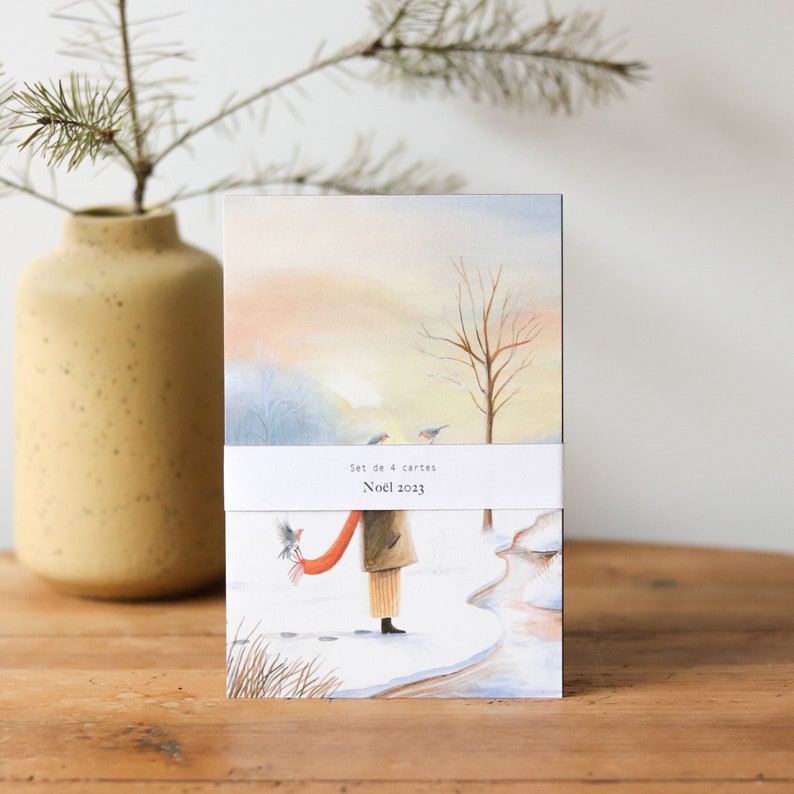 Pack de Noël 2023 4 cartes de vœux / Illustration balade dans la neige, repas de Noël, lutin et renard, cerf et lampadaire image 2