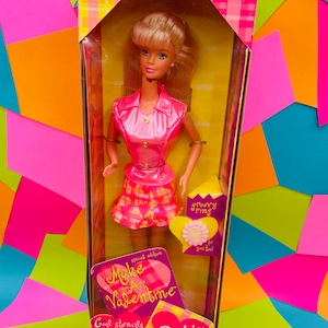 May include: A pink and yellow Barbie doll box with a pink and white plaid pattern. The box features the text "Make A Valentine" and "Groovy Thing" with a pink heart. The doll is wearing a pink shirt, a plaid skirt, and a gold bracelet.