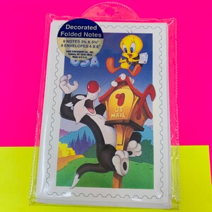 Tarjetas vintage de Looney Tunes: Piolín, Silvestre y Bugs Bunny. Papel de colección de sellos.