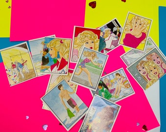 May include: A collection of colorful trading cards featuring illustrations of people, including a woman playing tennis, a woman with a surfboard, and a woman with a dog. The cards have a white background with black outlines.