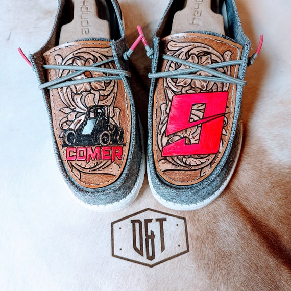 Custom Hey Dude Shoes - Racing Shoes - Womens Mens Girls Boys Western Shoes  - Leather Tooled Shoes - Custom Tooled Shoes - Leather