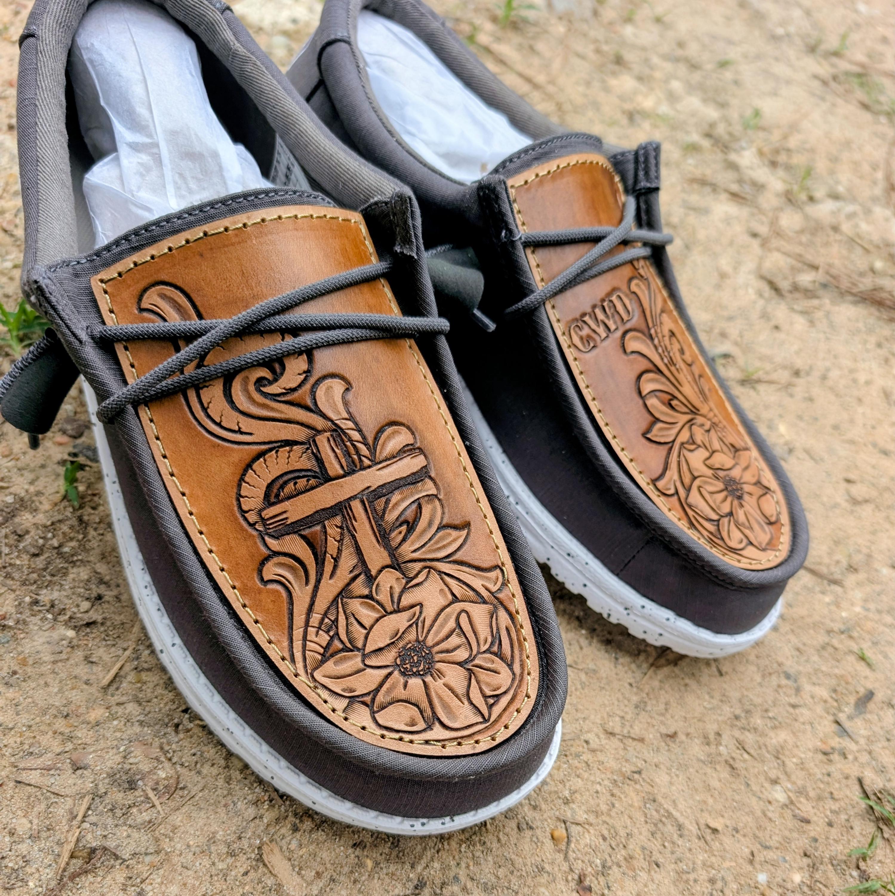 Floral Cross Leather Tooled Hey Dude Shoes: Custom Western Shoes