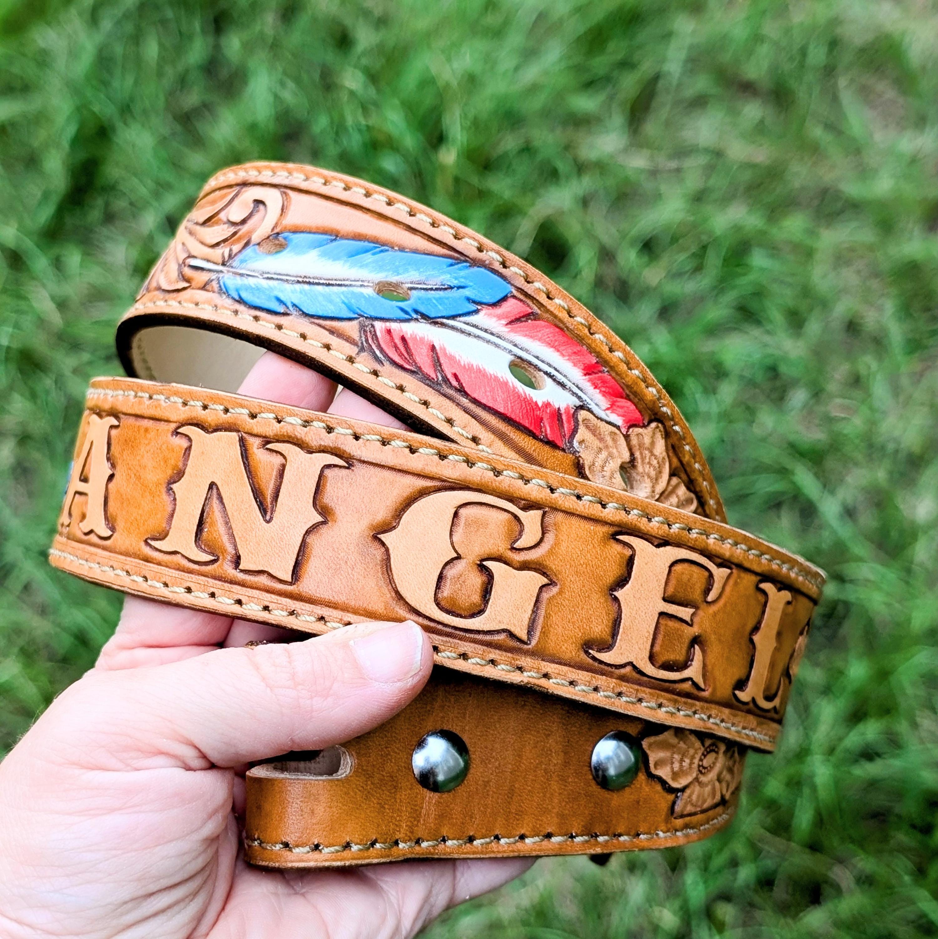 Personalized Andi Western Brown Tooled Leather Belt Southwestern Belts Size 28 Personalized Leather Western Belt, Tooled Western Belt  main image 2