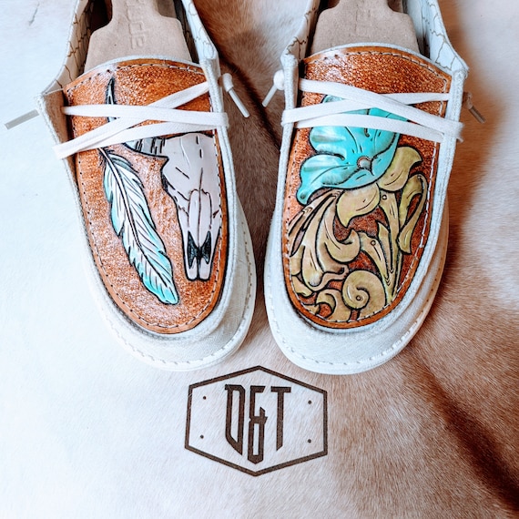 Leather Tooled Hey Dude Shoes: Floral Skull, Custom Western Shoes