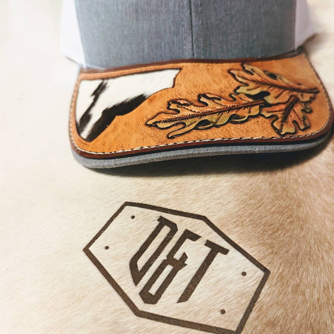Custom Tooled Oak Leaf Cow Hair Leather Hat Bill Custom Hat Custom
