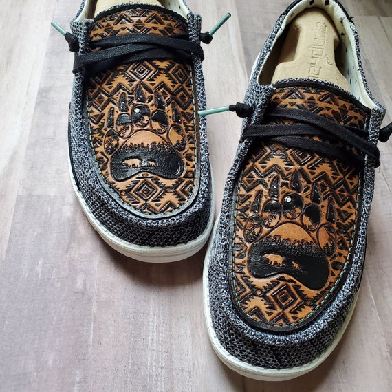 Aztec Bear Hey Dude - Custom Hey Dude Shoes - Womens Mens Girls Boys  Western Shoes - Leather Tooled Shoes - Custom Tooled Shoes - Leather