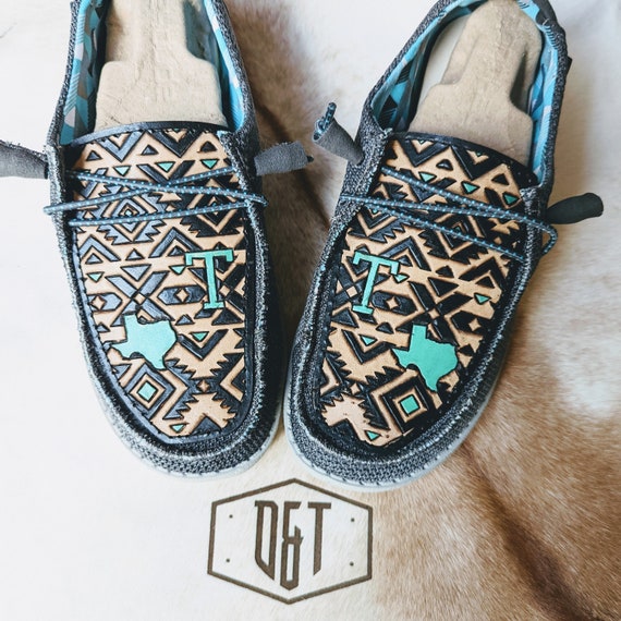 Texas Brand Hey Dude - Custom Hey Dude Shoes - Womens Mens Girls Boys  Western Shoes - Leather Tooled Shoes - Custom Tooled Shoes - Leather