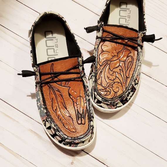 Steer Skull Hey Dude Custom Hey Dude Shoes Womens Mens Girls Boys Western  Shoes Leather Tooled Shoes Custom Tooled Shoes Leather 