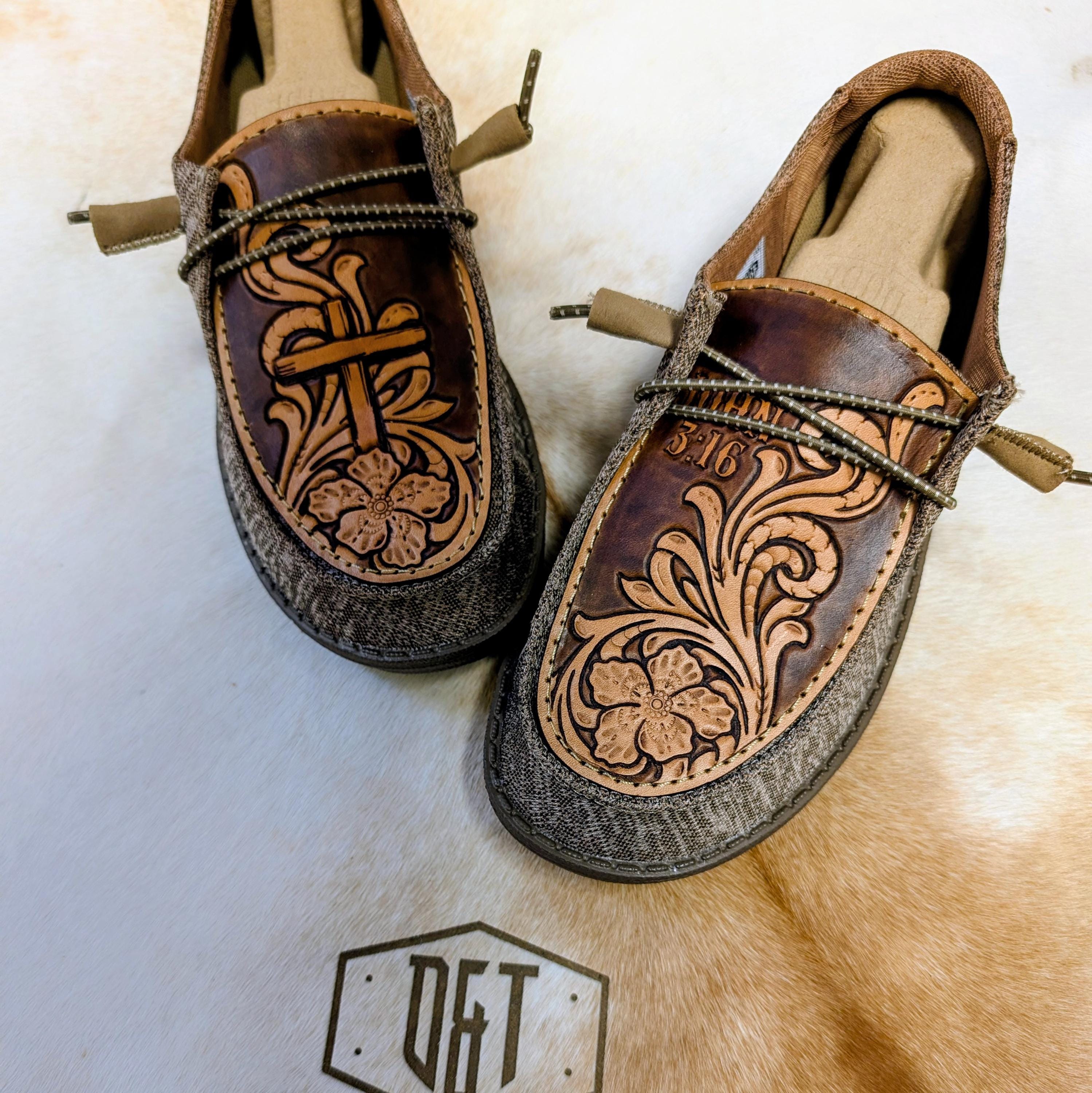 Floral Cross Leather Tooled Hey Dude Shoes: Custom Western Shoes - Etsy