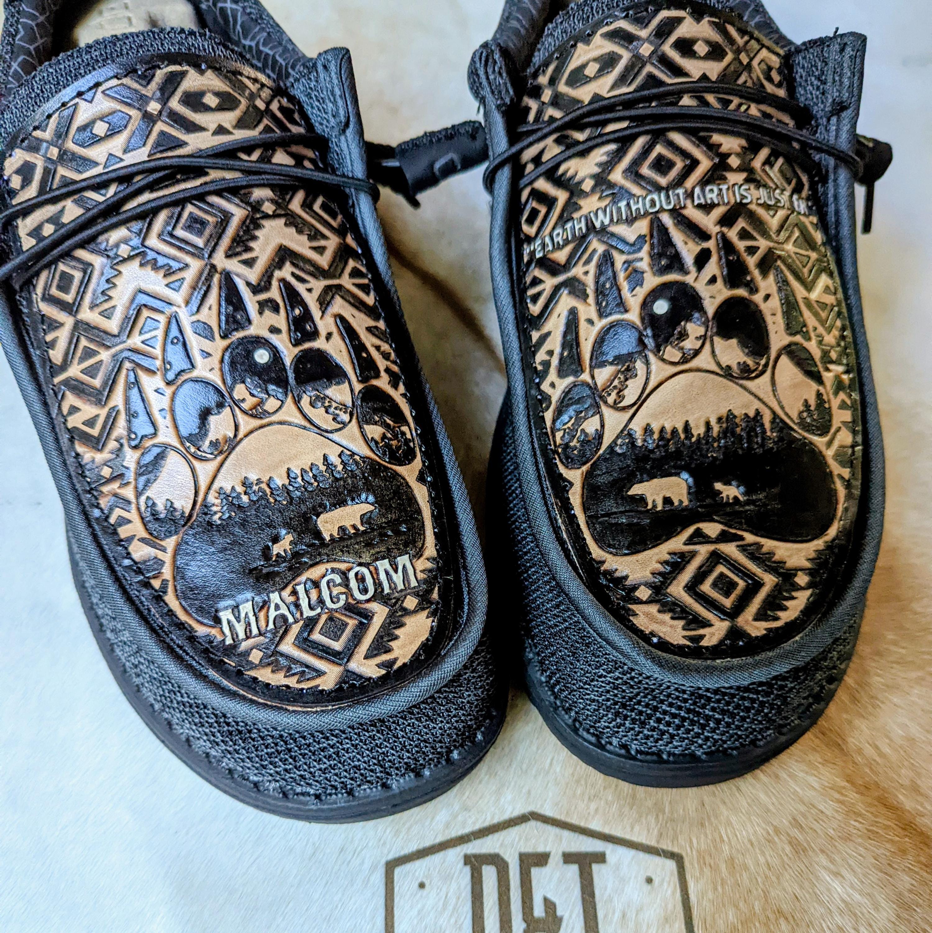 Hand Tooled Leather Hey Dudes: Aztec Bear Western Shoes - Etsy
