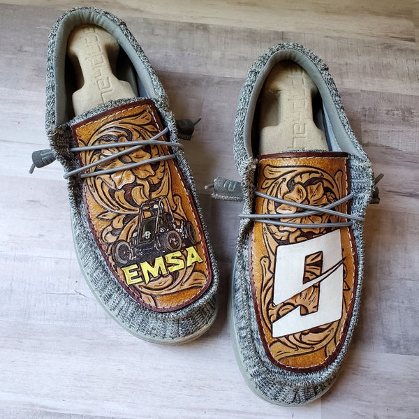 Custom Hey Dude Shoes - Racing Shoes - Womens Mens Girls Boys Western Shoes - Leather Tooled Shoes - Custom Tooled Shoes - Leather