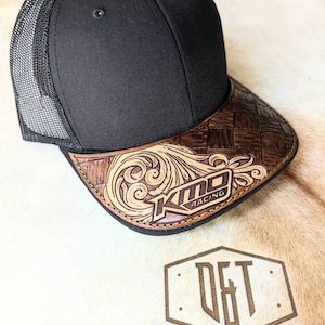 Custom Tooled Leather Trucker Hat: Basket Weave Snapback