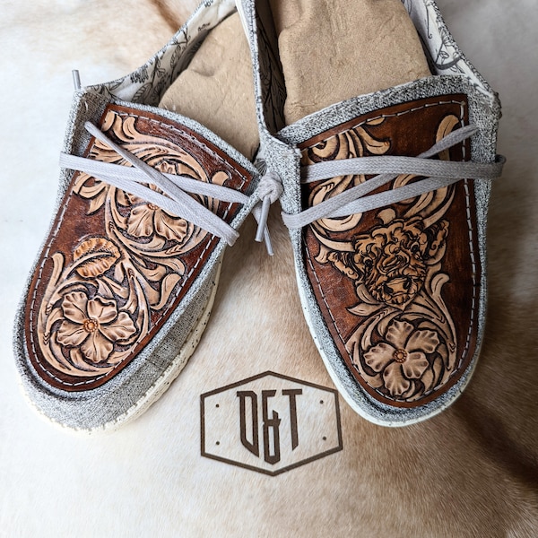 Floral Highland Cow Hey Dude - Custom Hey Dude Shoes - Womens Mens Girls Boys Western Shoes - Leather Tooled Shoes - Custom Shoes - Leather