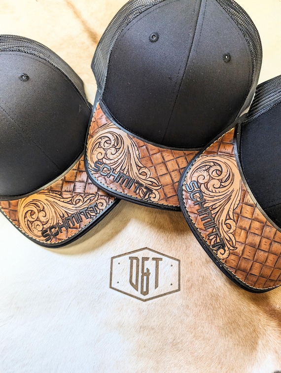 Custom Tooled Basket Weave Leather Hat Bill - Custom Hat