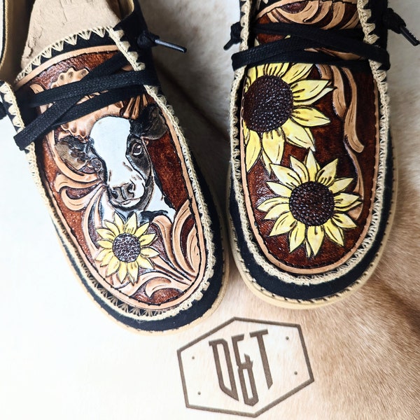 Western Tooled Leather Cow and Sunflower Hey Dudes Etsy