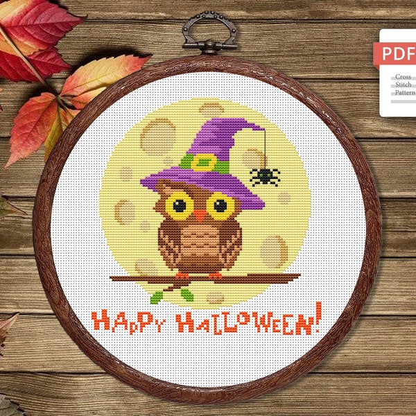 Happy Halloween Cross Stitch Pattern, Halloween Cross Stitch Pattern, Owl Cross Stitch Pattern, Halloweens Owl #hld005