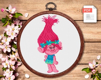 Troll Poppy Cross Stitch Pattern, Movies Cross Stitch, Movie Pattern, Troll Cross Stitch Pattern, Baby Cross Stitch Patterns #bab001