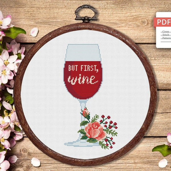 Set of 2 But First Wine Cross Stitch Pattern, Kitchen Cross Stitch, Embroidery Wine, But First Wine Pattern, Modern Cross Stitch #kt005