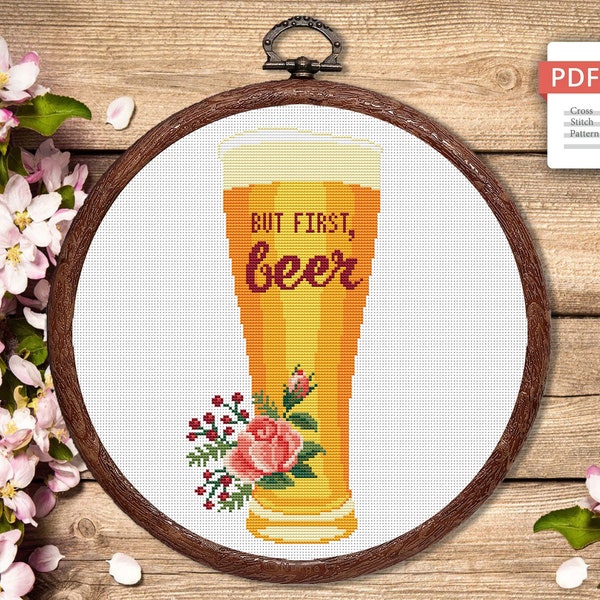 Set of 2 But First Beer Cross Stitch Pattern, Kitchen Cross Stitch, Embroidery Beer, But First Wine Pattern, Modern Cross Stitch #kt008