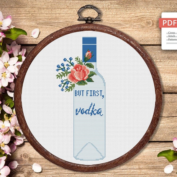 Set of 2 But First Vodka Cross Stitch Pattern, Kitchen Cross Stitch, Embroidery Vodka, But First Wine Pattern, Modern Cross Stitch #kt006