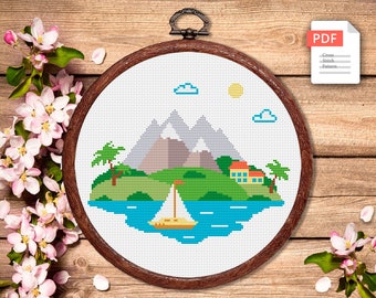 Mountain Landscape Cross Stitch Pattern, Island Cross Stitch, Embroidery Travel, Travel Cross Stitch Pattern, Modern Cross Stitch #trl007