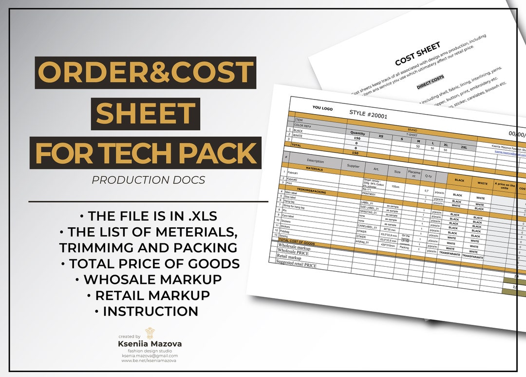 ORDER & COST SHEET Fashion Template Excel Etsy