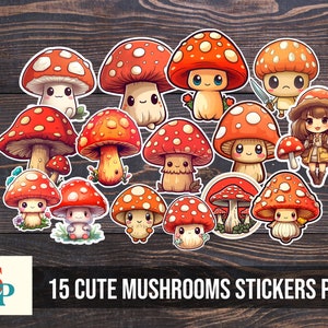 Cute Mushrooms PNG stickers, sticker png bundle, printable stickers, sticker designs, stickers png, sticker downloads, sticker cricut