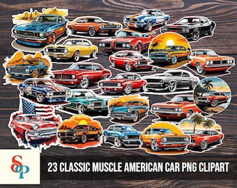 23 imágenes prediseñadas PNG de coches americanos musculosos clásicos, imágenes retro para amantes de los coches, colección única de coches vintage de los años 70 y 80, imágenes retro de coches antiguos legendarios