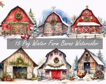 Winter Farm Barns Watercolor Clipart, Transparent PNG, fantacy clipart, Cute House, Instant Download, Scrapbook, Junk Journal,Commercial Use