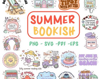 30 Bookish Summer PNG Bundle Summer digital files and Clipart for designs SVG, stickers sublimation Retro Book Lover Pastel Bookmark Reader