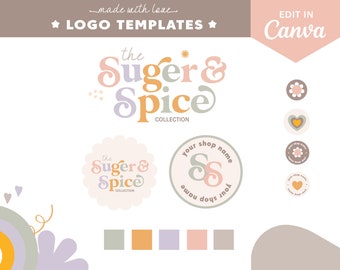 Editable Boho Floral Logo Design Instant Download, DIY Retro colorful Small Business Logo Brand, Fun Bright Logo Set, Etsy Shop Logo - suger