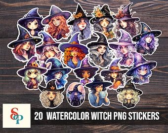 Watercolor Witch PNG stickers, sticker png bundle, printable stickers, sticker designs, stickers png, sticker downloads, sticker cricut