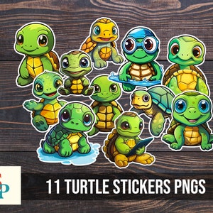 Puede incluir: Once pegatinas de tortugas de dibujos animados coloridas con varias expresiones y poses. Las pegatinas son perfectas para agregar un toque divertido y caprichoso a cualquier proyecto.