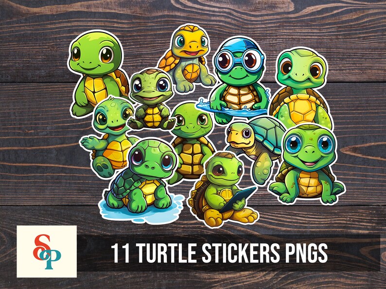 Puede incluir: Once pegatinas de tortugas de dibujos animados coloridas con varias expresiones y poses. Las pegatinas son perfectas para agregar un toque divertido y caprichoso a cualquier proyecto.