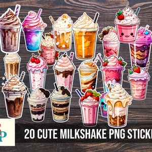 Pode incluir: Uma coleção de 20 autocolantes PNG de milkshakes coloridos. Cada autocolante apresenta um design de milkshake diferente, com chantilly, palhinhas e várias coberturas como cerejas e morangos. O texto "20 CUTE MILKSHAKE PNG STICKERS" também está incluído.