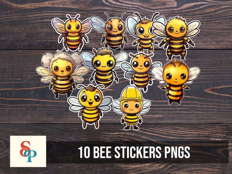 Puede incluir: Diez pegatinas de abejas de dibujos animados con diferentes expresiones y poses. Las abejas son amarillas y negras con alas blancas. Las pegatinas est&aacute;n sobre un fondo de madera.