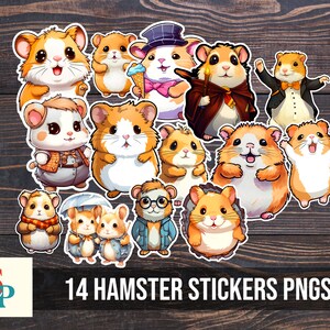 Puede incluir: Un conjunto de 14 pegatinas digitales de h&aacute;mster en formato PNG. Las pegatinas presentan varios h&aacute;msters en diferentes poses y atuendos, incluyendo un h&aacute;mster con un gorro de graduaci&oacute;n, un h&aacute;mster con un sombrero de mago y un h&aacute;mster con una pajarita. Las pegatinas son perfectas para agregar un toque de ternura a tus proyectos digitales.