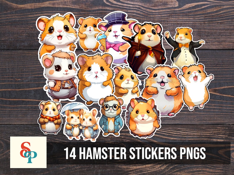 Puede incluir: Un conjunto de 14 pegatinas digitales de h&aacute;mster en formato PNG. Las pegatinas presentan varios h&aacute;msters en diferentes poses y atuendos, incluyendo un h&aacute;mster con un gorro de graduaci&oacute;n, un h&aacute;mster con un sombrero de mago y un h&aacute;mster con una pajarita. Las pegatinas son perfectas para agregar un toque de ternura a tus proyectos digitales.
