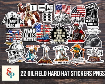 May include: A set of 22 oilfield hard hat stickers featuring various designs, including a skull, a cartoon character, a pump jack, and a drill rig. The stickers are printed on white backgrounds with black outlines. The text on the stickers includes phrases like "Keep Calm and Frac On", "Frac Lives Matter", "Drill Baby Drill", and "Pump It Till It Squirts".
