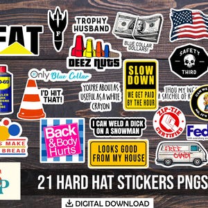 以下が含まれることがあります： さまざまなデザインとフレーズを特徴とする、ダウンロード可能な21個のデジタルハードハットステッカーのセット。ステッカーには、「Fat」、「Trophy Husband」、「Deez Nuts」、「Only Blue Collar」、「Slow Down」、「Safety Third」、「I'd Hit That」、「You're About As Useful As A White Crayon」、「We Get Paid By The Hour」、「Thou My Ing A Satchel Of」、「Can We Fix It」、「No It's Fucked」、「Zip-Tie Certified」、「Fed Up」、「Back & Body Hurts」、「I Can Weld A Dick On A Snowman」、「Looks Good From My House」、「Let's Make This Bread」、「Free Candy」などのフレーズが含まれています。