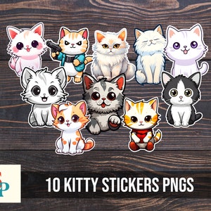 Puede incluir: Diez pegatinas digitales con lindos gatos de dibujos animados en varias poses. Los gatos son blancos, negros, naranjas y grises con diferentes colores de ojos y expresiones faciales. Las pegatinas son perfectas para agregar un toque de fantas&iacute;a a tus proyectos digitales.