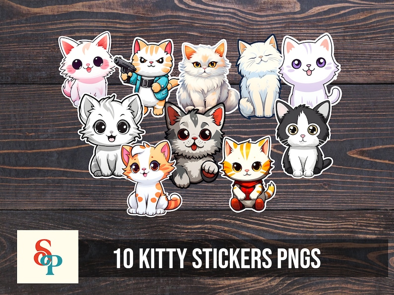 Puede incluir: Diez pegatinas digitales con lindos gatos de dibujos animados en varias poses. Los gatos son blancos, negros, naranjas y grises con diferentes colores de ojos y expresiones faciales. Las pegatinas son perfectas para agregar un toque de fantas&iacute;a a tus proyectos digitales.