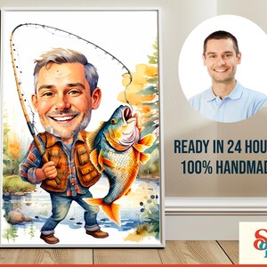 May include: A caricature painting of a person holding a fish. The person is wearing a fishing vest and jeans. The background is a watercolor painting of a river and trees. The text "READY IN 24 HOURS 100% HANDMADE" is visible in the image.