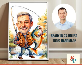 Personalized Fisherman Cartoon Portrait, Custom Fisherman Caricature Drawing from Photo, Funny Fisherman Caricature, Gift for Fisherman