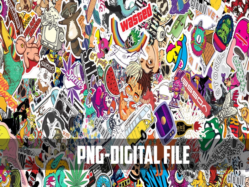 May include: A digital collage of colorful stickers with various designs, including cartoon characters, logos, and text. The stickers are arranged in a chaotic pattern, creating a vibrant and eclectic aesthetic. The text "PNG-DIGITAL FILE" is visible in the center of the image.