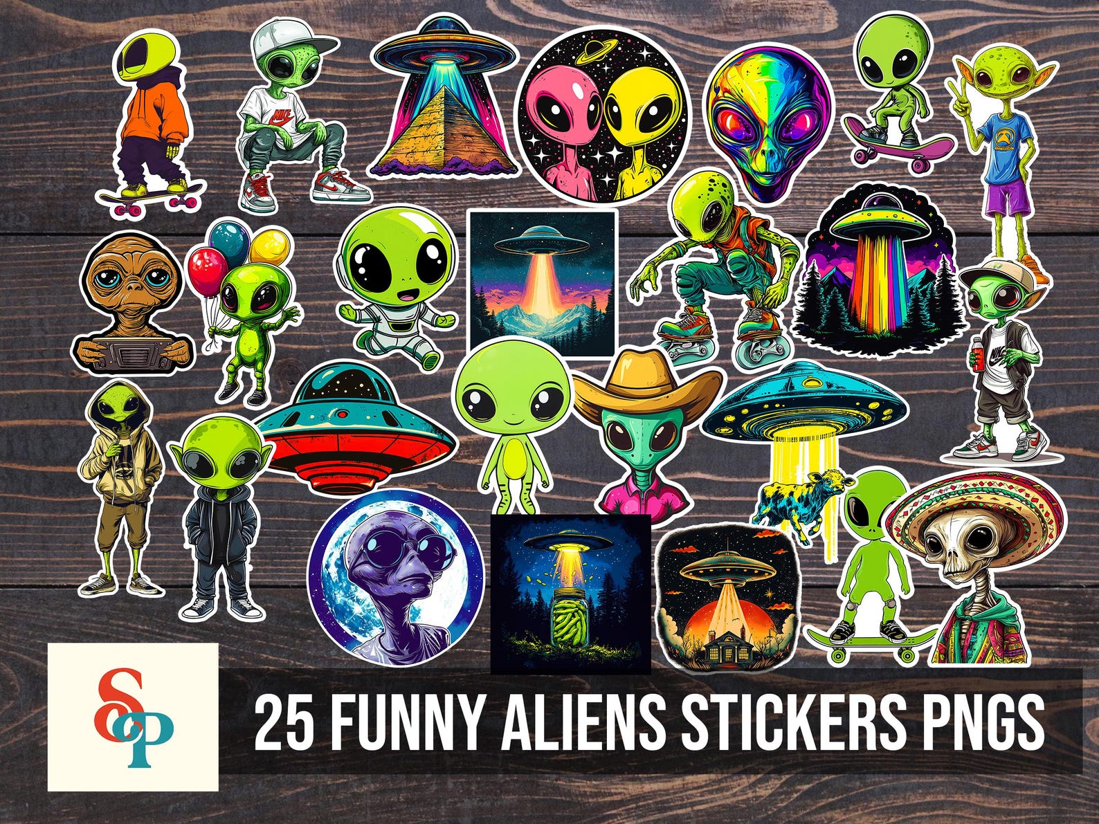 Funny Aliens Stickers Png Bundle, Ufo Clipart, Aliens Png, Space ...