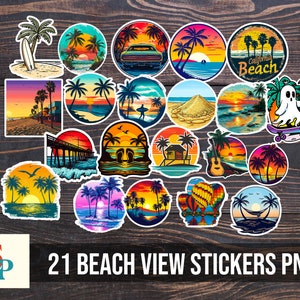 Puede incluir: 21 pegatinas con vistas a la playa con varios diseños, que incluyen palmeras, puestas de sol, tablas de surf y sombrillas de playa. Las pegatinas son coloridas y presentan una variedad de escenas de playa.