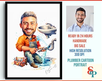 Personalized Plumber Cartoon Portrait, Custom Plumber Caricature Drawing from Photo, Funny Plumber Caricature, Gift for Plumber