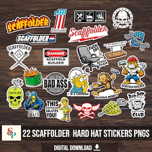 Puede incluir: Un conjunto de 22 pegatinas digitales descargables para cascos de obra con diseños humorísticos y temáticos de la profesión. Las pegatinas incluyen frases como "Scaffolder", "Certified Bad Ass", "I'm a Foreman" y "Scaffold Monkey".